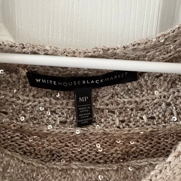 White House Black Market Sequin Knit Cowl Neck Sweater MP Taupe Fringe - Picture 5 of 7